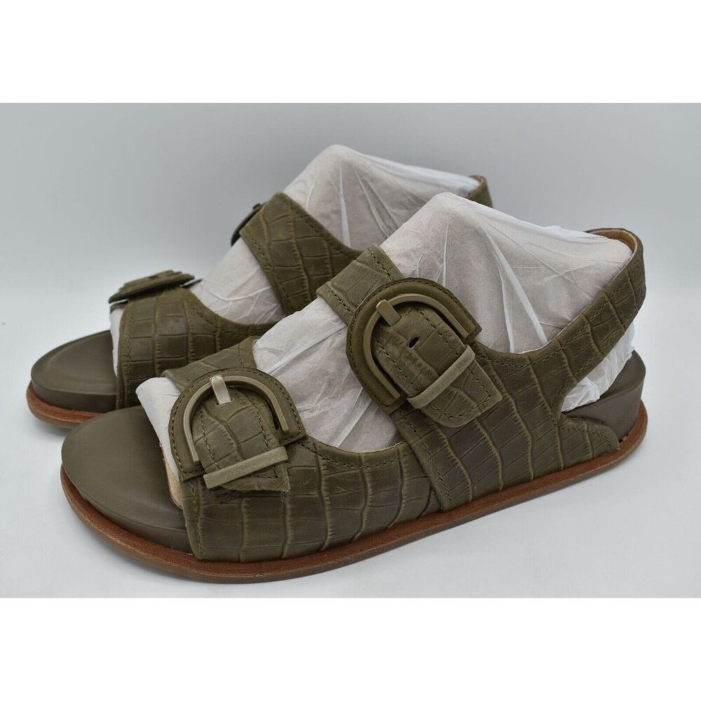 Sofft Womens Size 9.5 Adalia Olive Buckle Croc Embossed Suede Leather Sandals